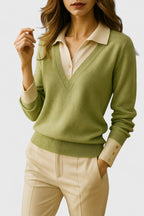 Women's V-Neck Jumper with Polo Collar and Contrast Cuffs, Lime, view 3