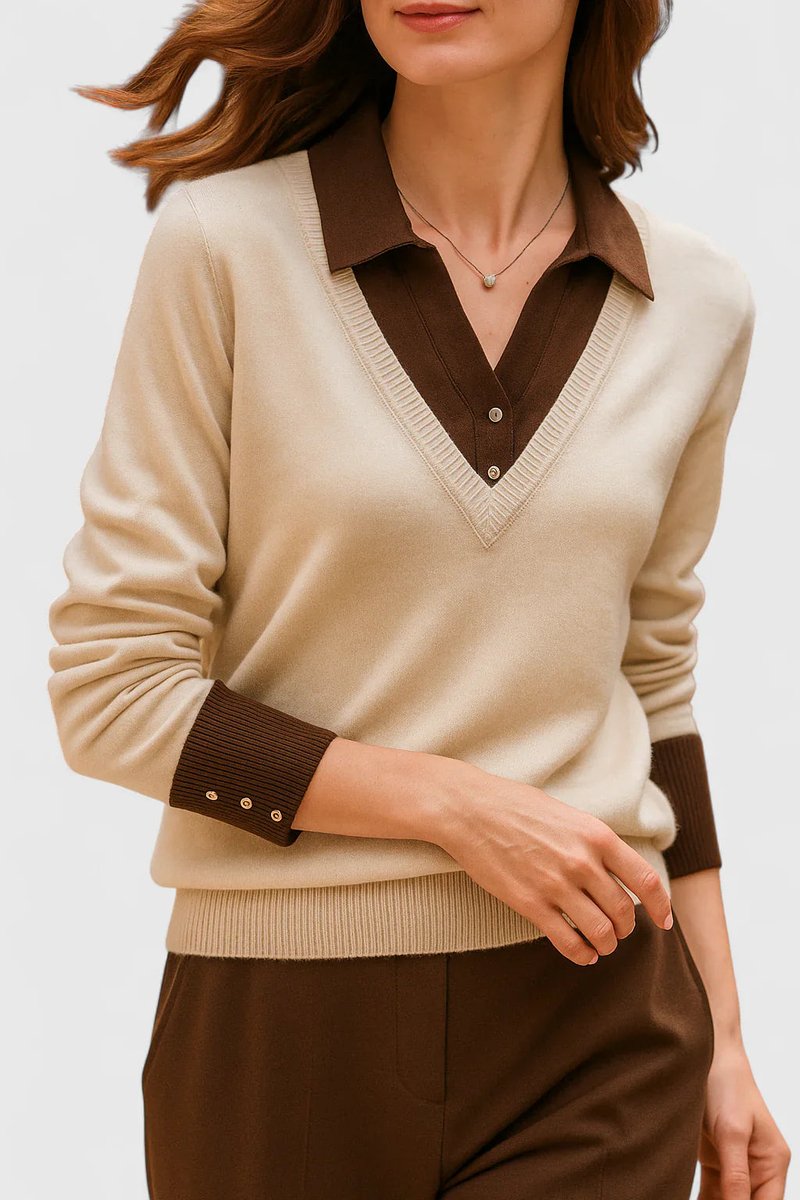 Women's V-Neck Jumper with Polo Collar and Contrast Cuffs, Beige, view 4