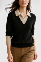 Women's V-Neck Jumper with Polo Collar and Contrast Cuffs, Black, view 5