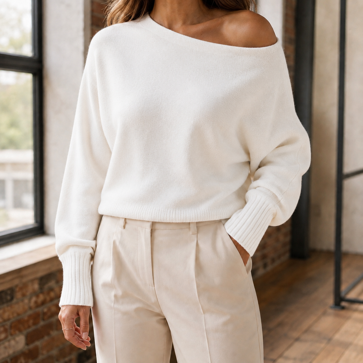 Women's Wide V-Neck Knit Jumper, White, view 3