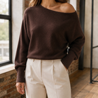 Women's Wide V-Neck Knit Jumper, Dark Brown, view 7