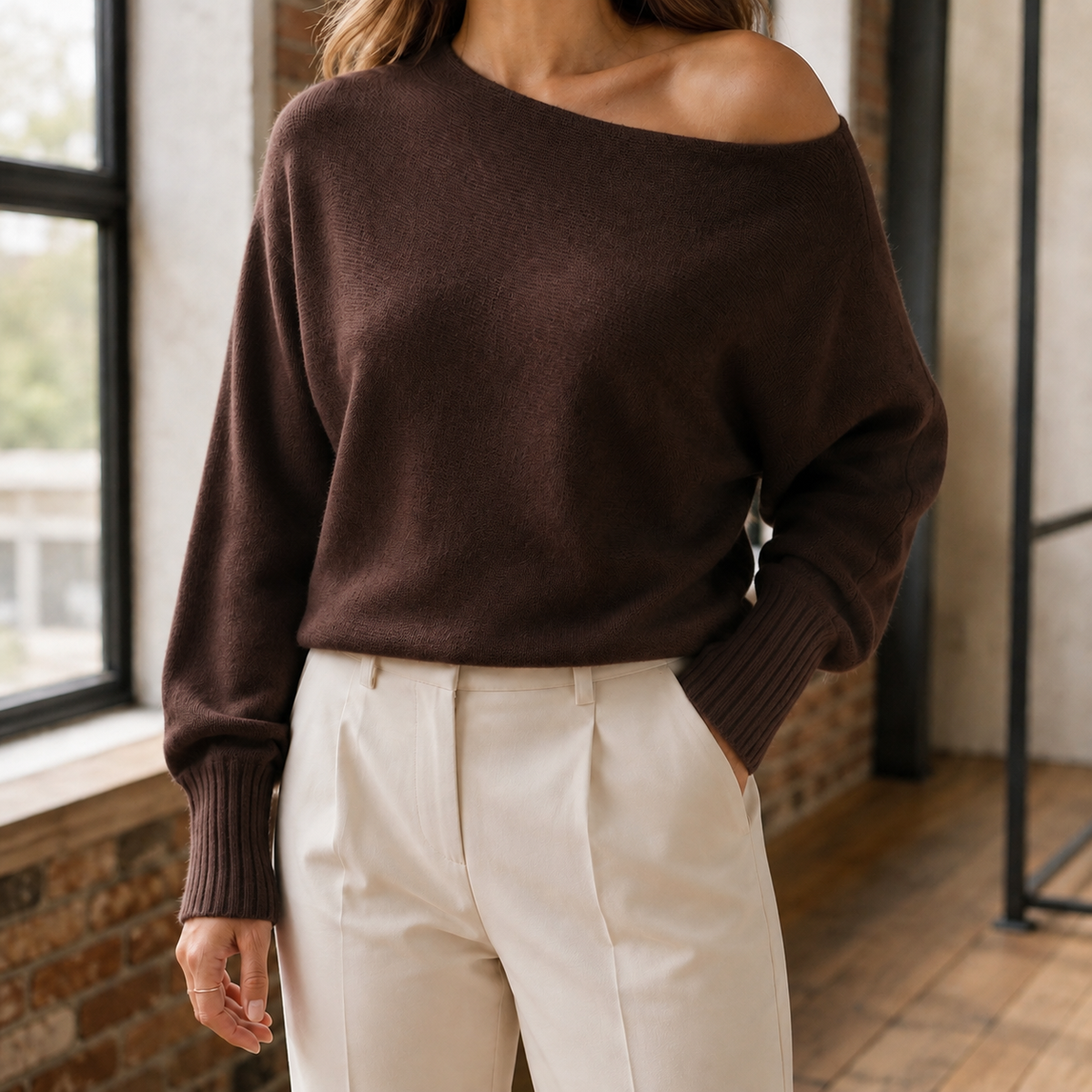 Women's Wide V-Neck Knit Jumper, Dark Brown, view 7