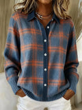 Women's Check Knit Cardigan with Shirt Collar and Buttons, Blue, view 1