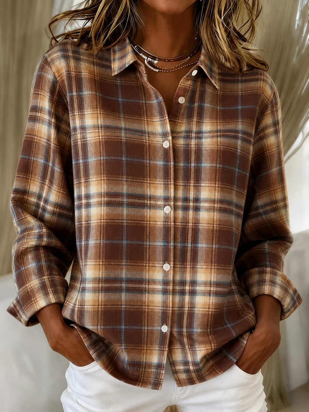 Women's Check Knit Cardigan with Shirt Collar and Buttons, Brown, view 2