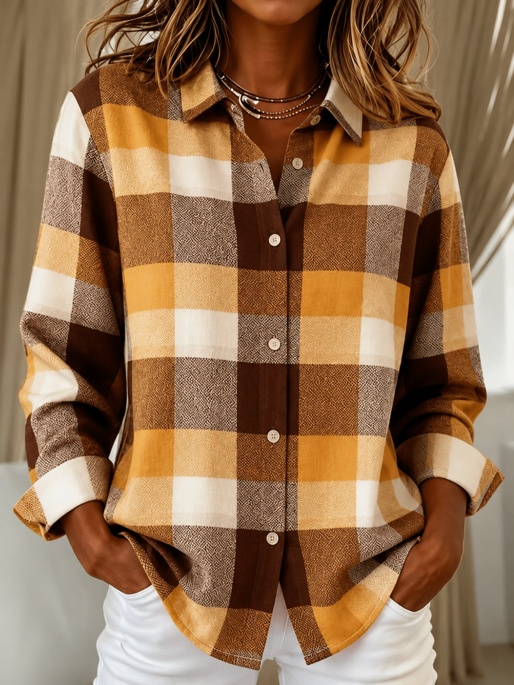 Women's Check Knit Cardigan with Shirt Collar and Buttons, Orange, view 5