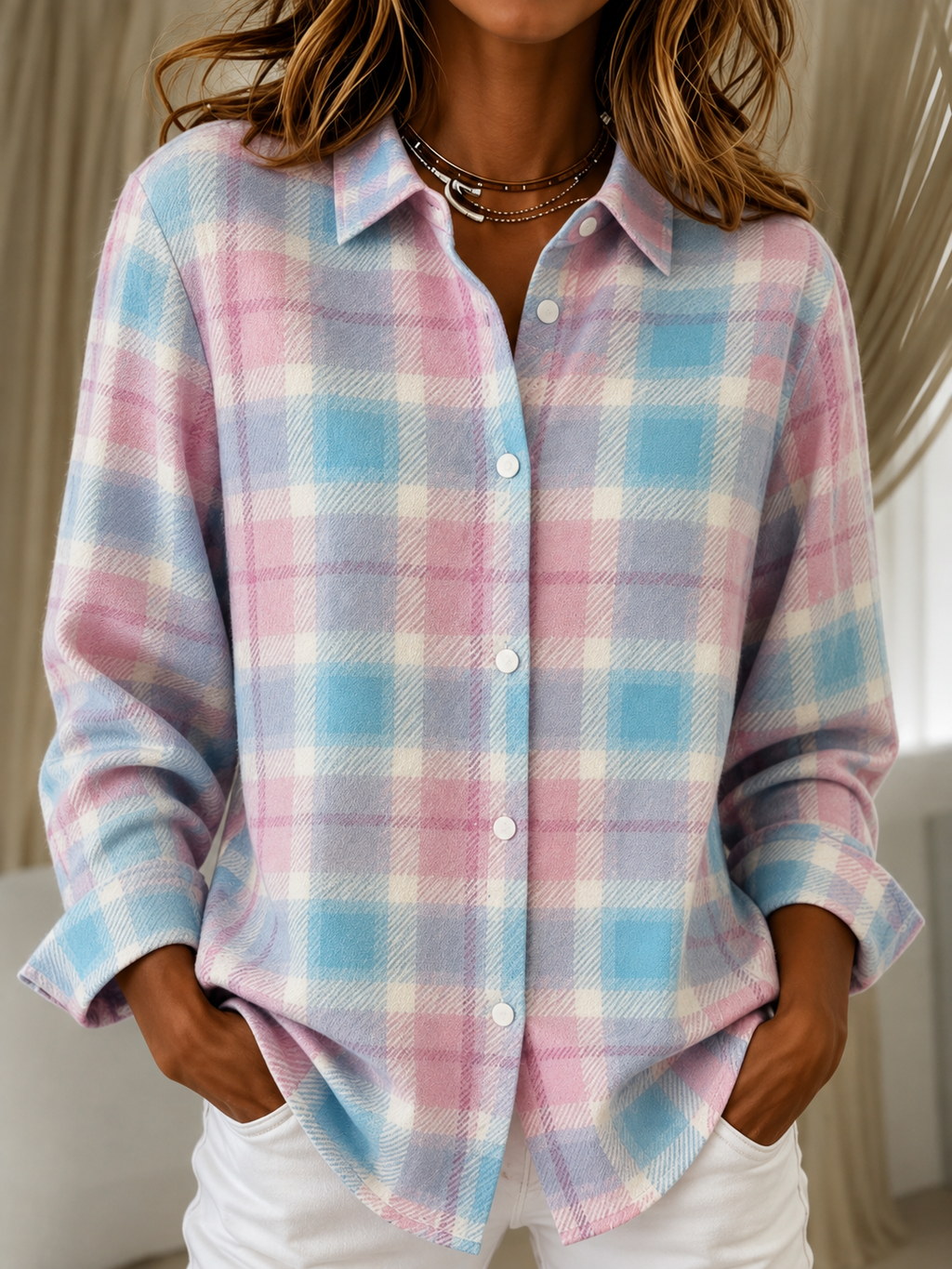 Women's Check Knit Cardigan with Shirt Collar and Buttons, Light Blue, view 6