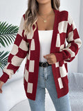 Women's Check Open Front Cardigan with Puff Sleeves, Burgundy, view 1