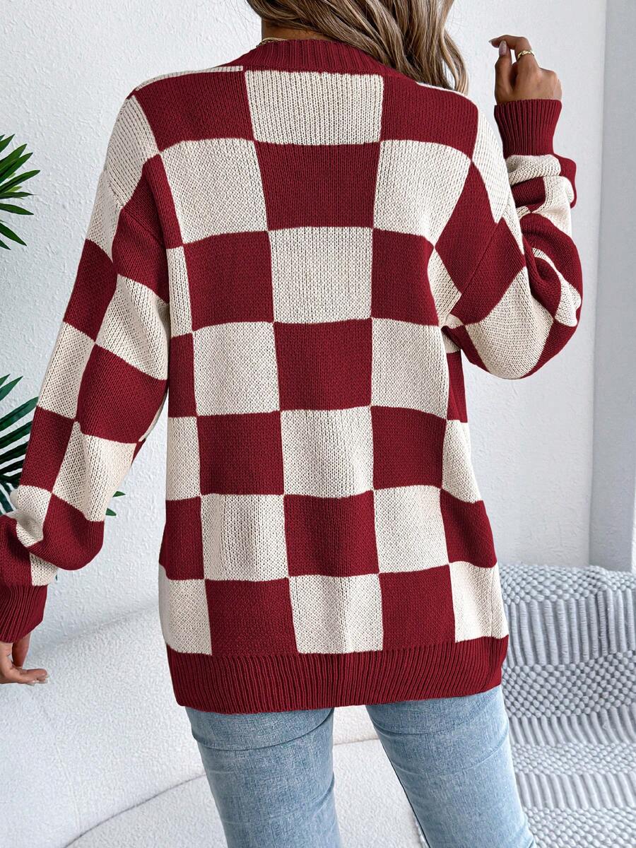 Women's Check Open Front Cardigan with Puff Sleeves, view 2