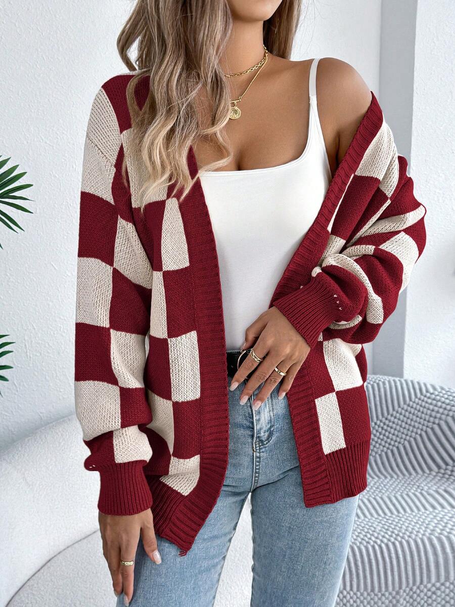 Women's Check Open Front Cardigan with Puff Sleeves, view 3