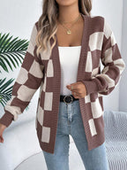 Women's Check Open Front Cardigan with Puff Sleeves, Coffee Brown, view 4