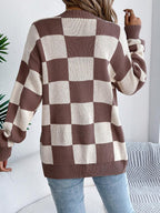 Women's Check Open Front Cardigan with Puff Sleeves, view 5