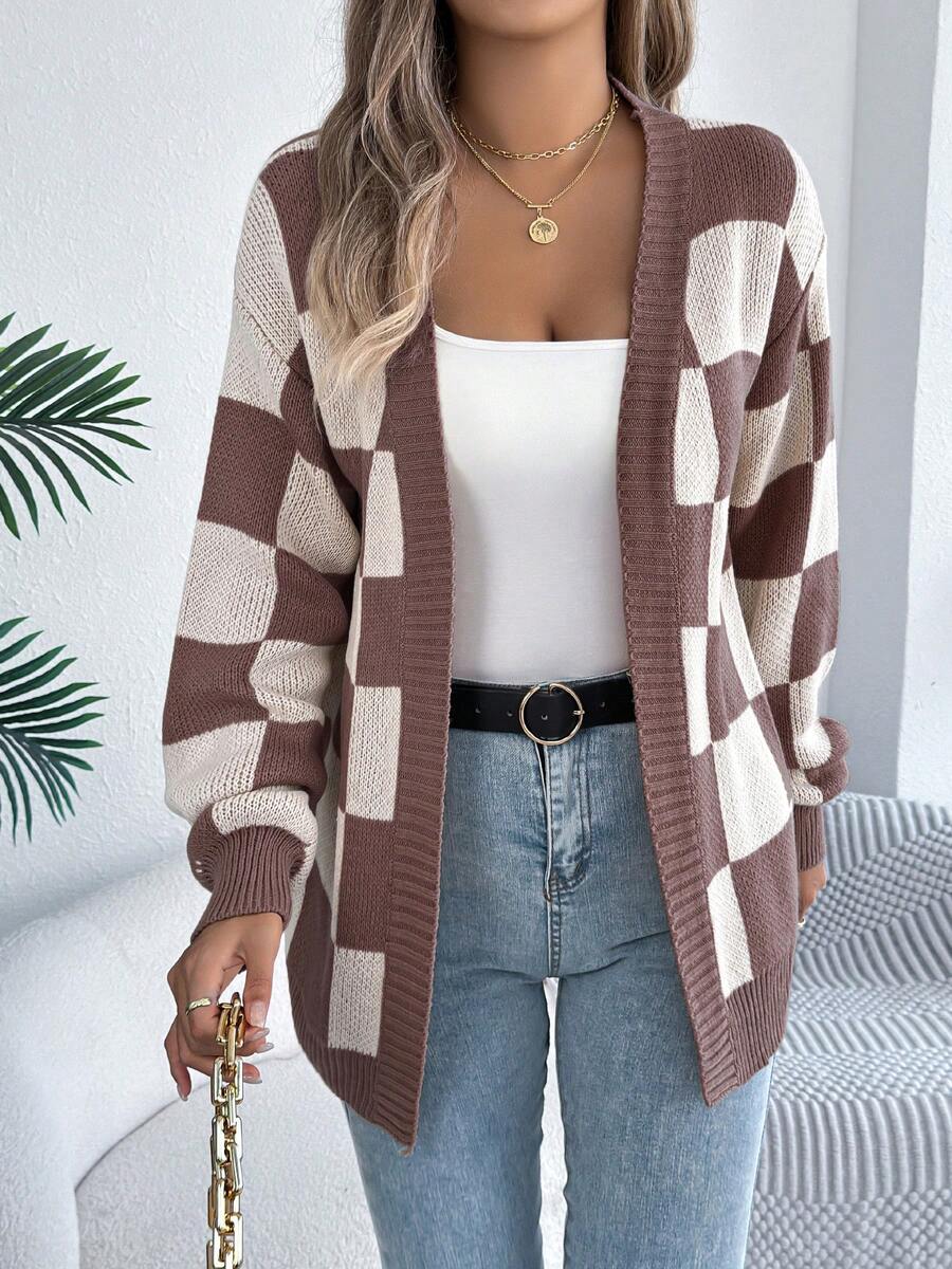 Women's Check Open Front Cardigan with Puff Sleeves, view 6