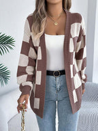 Women's Check Open Front Cardigan with Puff Sleeves, view 6
