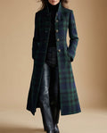 Women's Checked Wool-Blend Maxi Coat with Stand Collar, Green, view 1