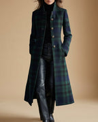 Women's Checked Wool-Blend Maxi Coat with Stand Collar, Green, view 1