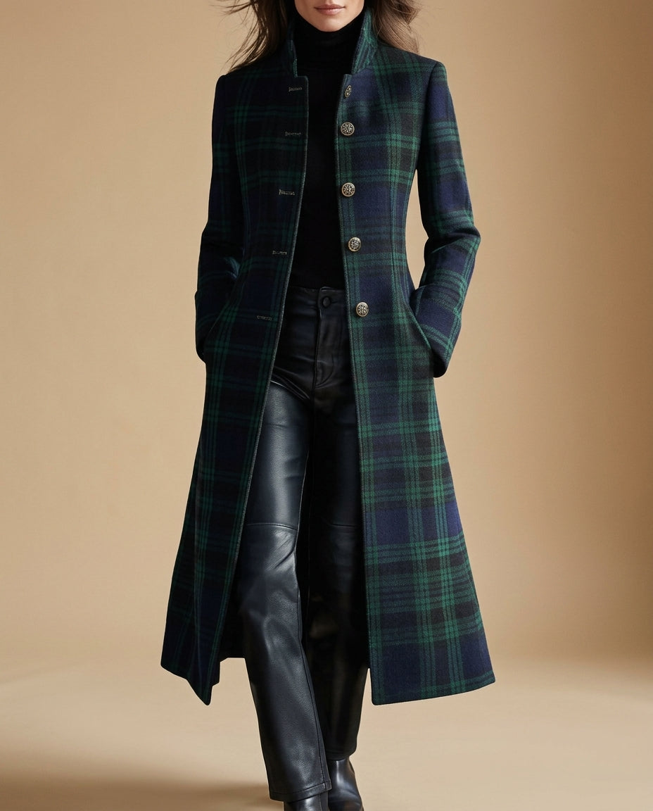 Women's Checked Wool-Blend Maxi Coat with Stand Collar, Green, view 1