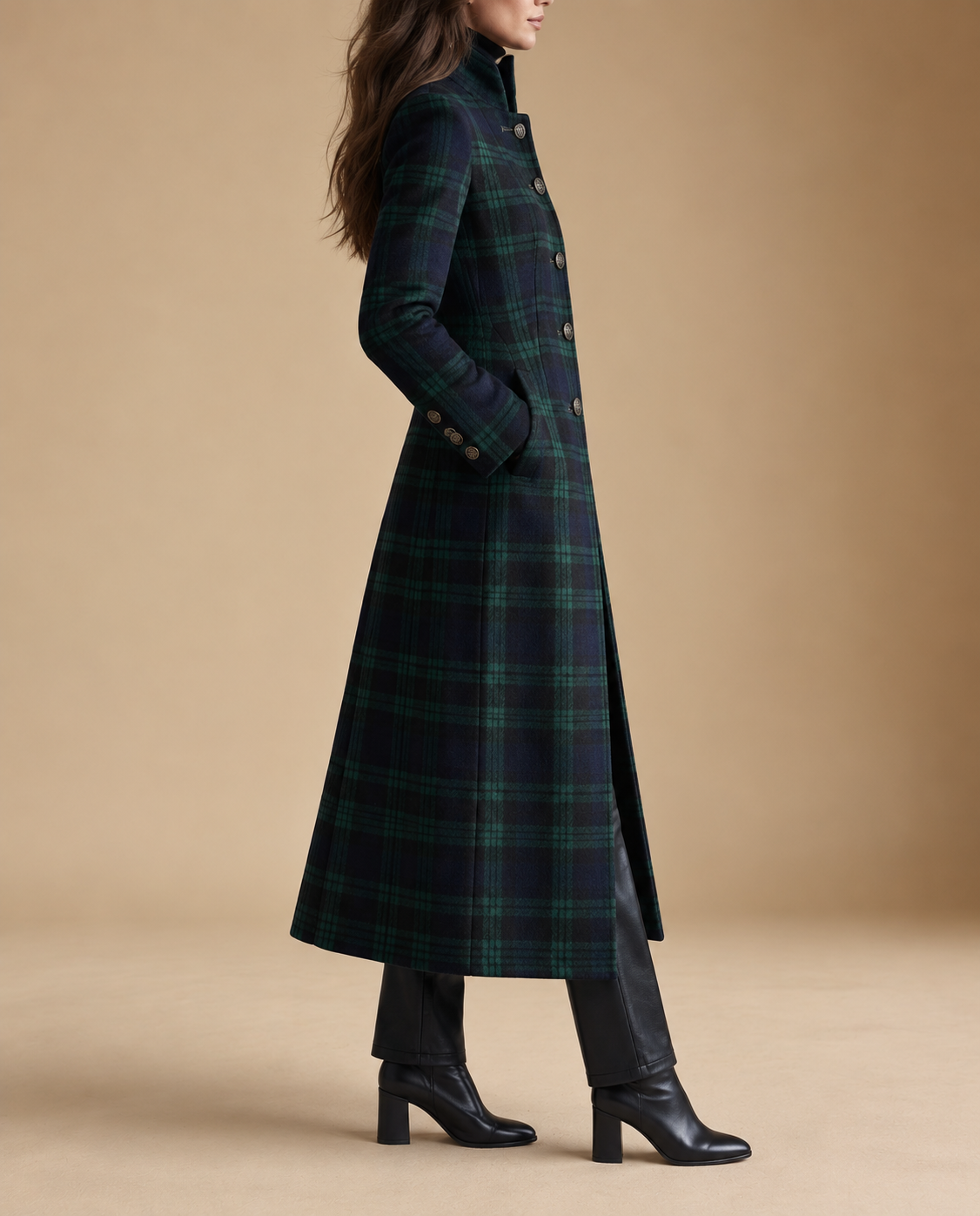 Women's Checked Wool-Blend Maxi Coat with Stand Collar, view 2