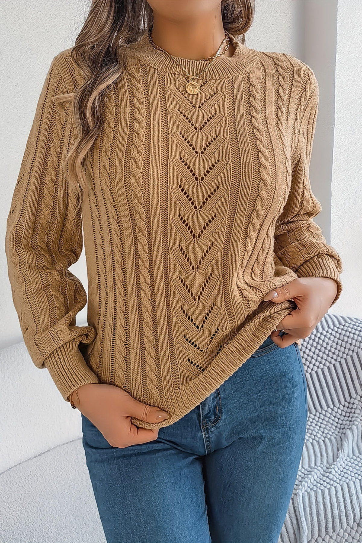 Women's Chevron Cable Knit Crew Neck Jumper, Khaki, view 1
