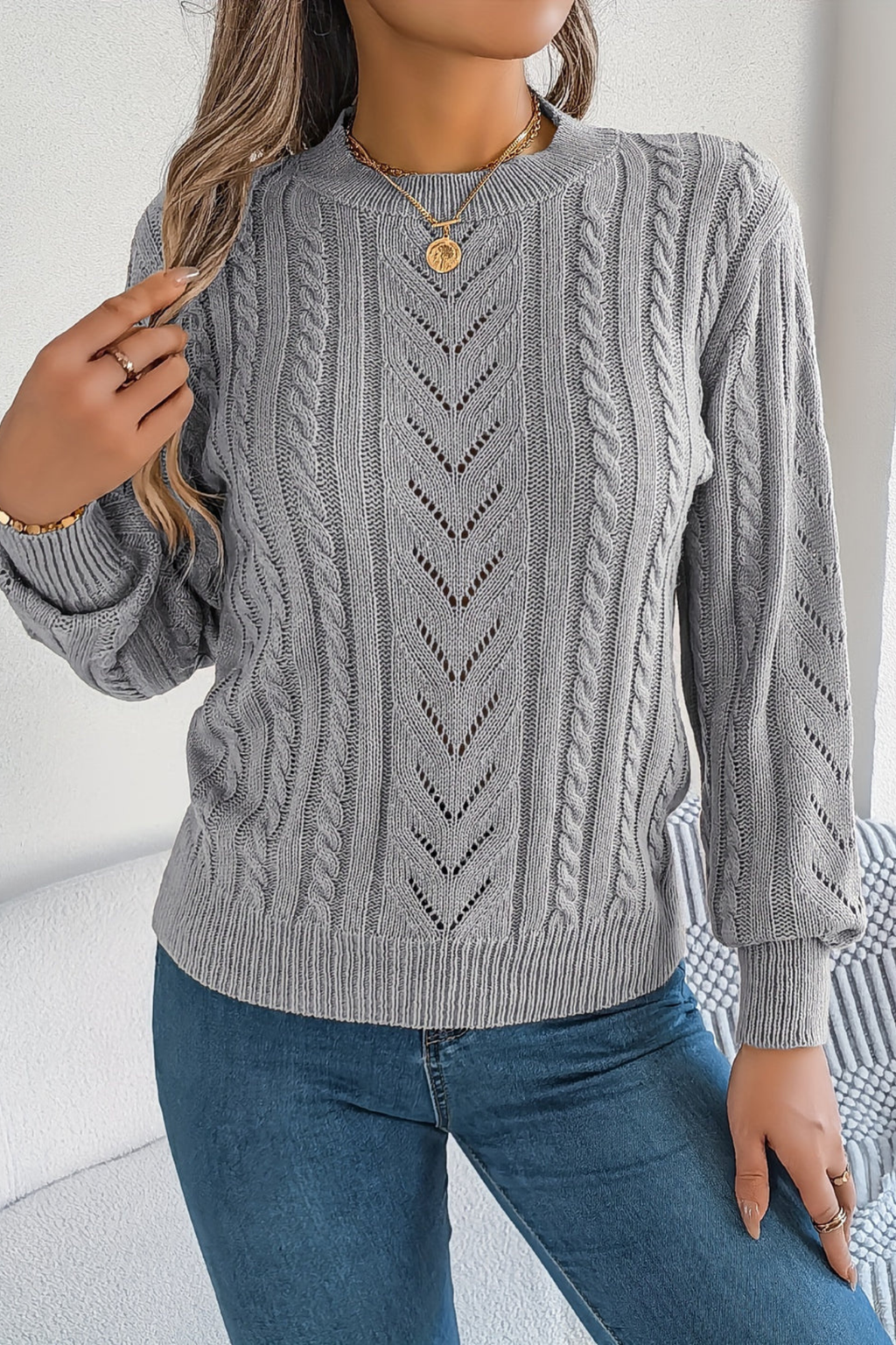 Women's Chevron Cable Knit Crew Neck Jumper, Grey, view 4