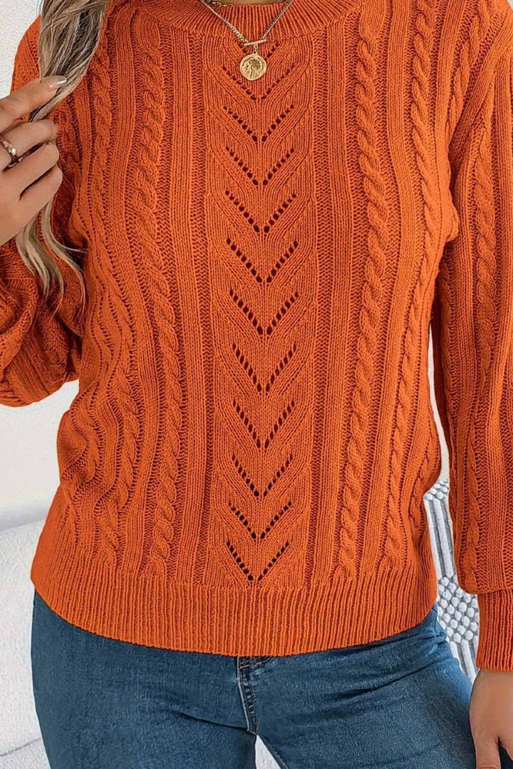 Women's Chevron Cable Knit Crew Neck Jumper, Orange, view 5