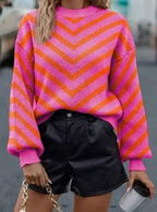Women's Chevron Stripe Knit Jumper with Puff Sleeves and Round Neck, Orange, view 1