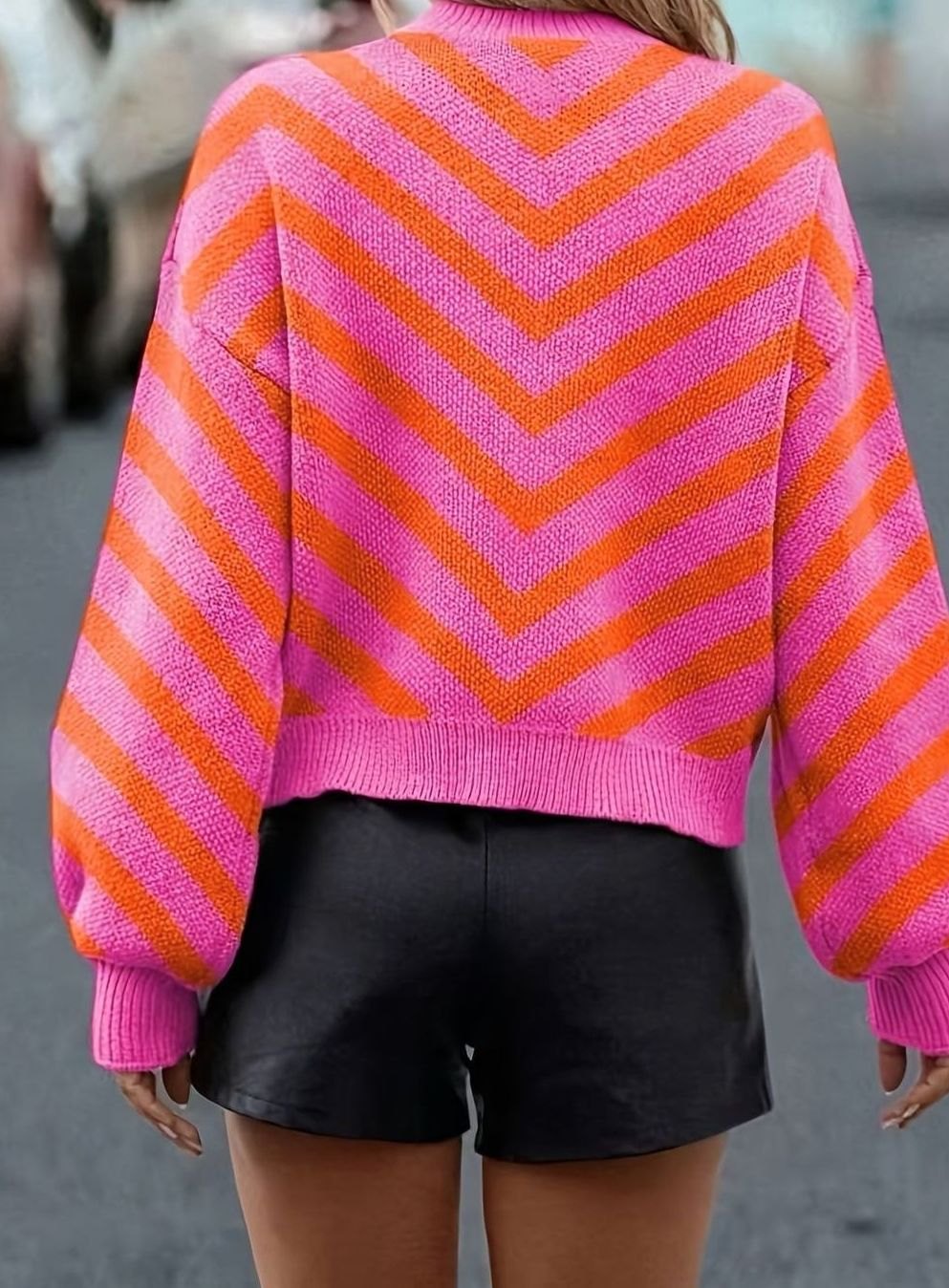 Women's Chevron Stripe Knit Jumper with Puff Sleeves and Round Neck, view 2