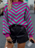Women's Chevron Stripe Knit Jumper with Puff Sleeves and Round Neck, Purple, view 3