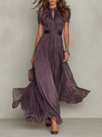 Women's Chiffon-Style Maxi Dress with Lace Trim and Waist Belt, Purple, view 1