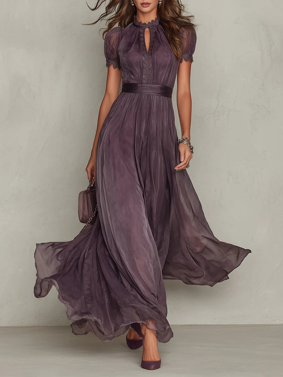 Women's Chiffon-Style Maxi Dress with Lace Trim and Waist Belt, Purple, view 1