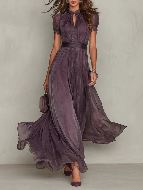 Women's Chiffon-Style Maxi Dress with Lace Trim and Waist Belt, Purple, view 1