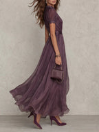 Women's Chiffon-Style Maxi Dress with Lace Trim and Waist Belt, view 2