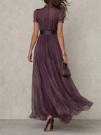 Women's Chiffon-Style Maxi Dress with Lace Trim and Waist Belt, view 3