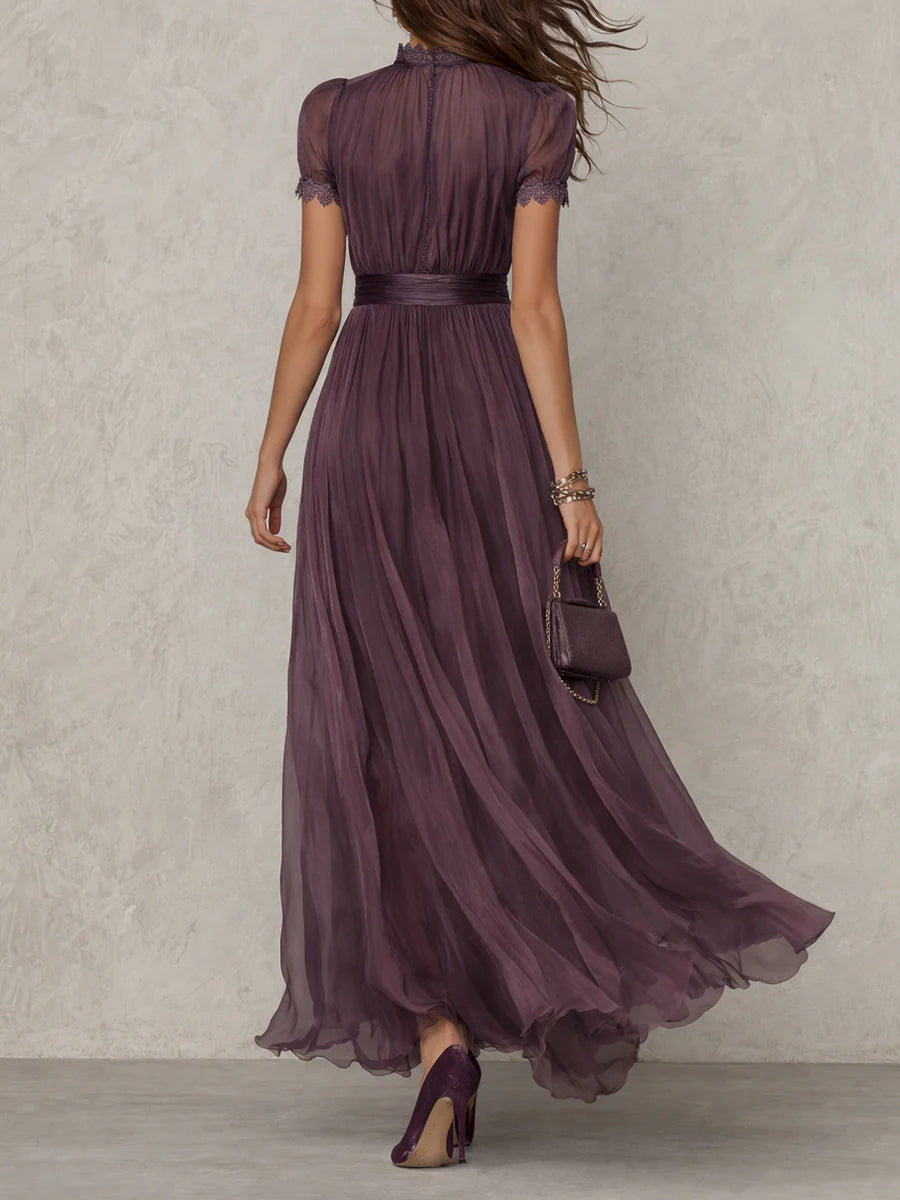 Women's Chiffon-Style Maxi Dress with Lace Trim and Waist Belt, view 3