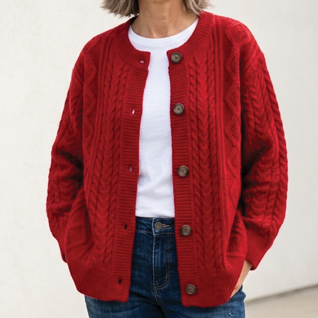 Women's Chunky Cable Knit Cardigan with Round Neck, Red, view 1