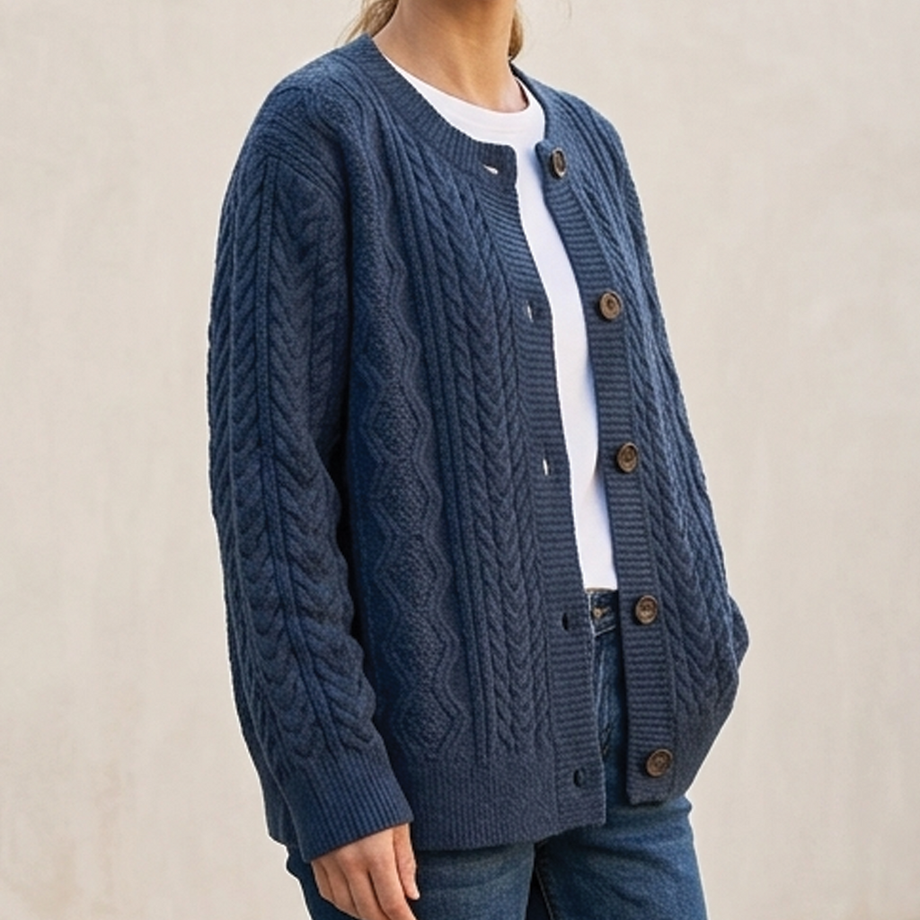 Women's Chunky Cable Knit Cardigan with Round Neck, Navy Blue, view 2