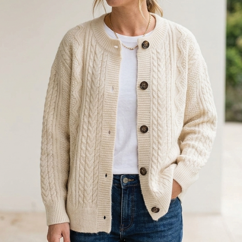Women's Chunky Cable Knit Cardigan with Round Neck, Beige, view 3