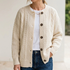 Women's Chunky Cable Knit Cardigan with Round Neck, Beige, view 3