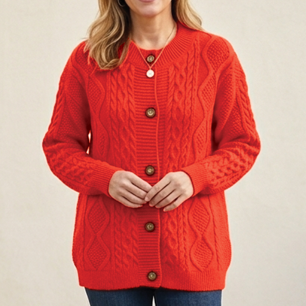 Women's Chunky Cable Knit Cardigan with Round Neck, Orange, view 4