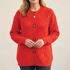 Women's Chunky Cable Knit Cardigan with Round Neck, Orange, view 4