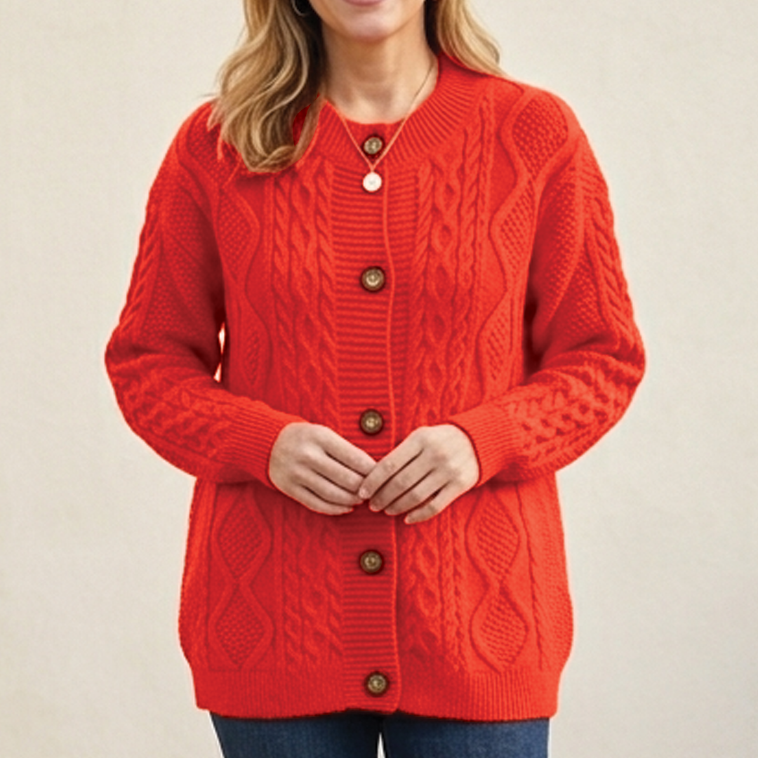 Women's Chunky Cable Knit Cardigan with Round Neck, Orange, view 4