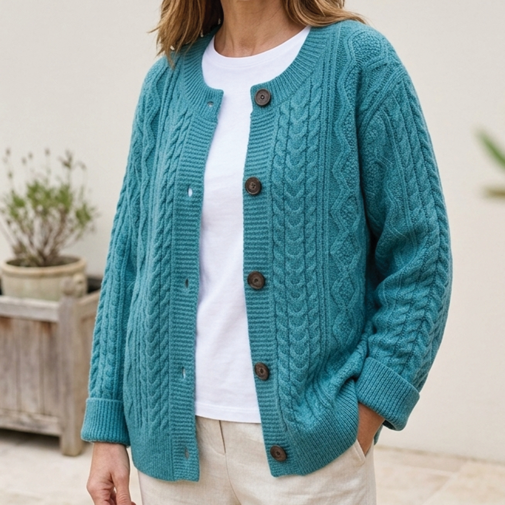 Women's Chunky Cable Knit Cardigan with Round Neck, Blue, view 5