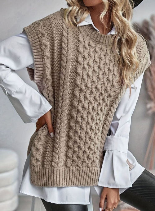 Women's Chunky Cable Knit Jumper Vest with Round Neck, Khaki, view 1