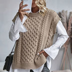 Women's Chunky Cable Knit Jumper Vest with Round Neck, view 3