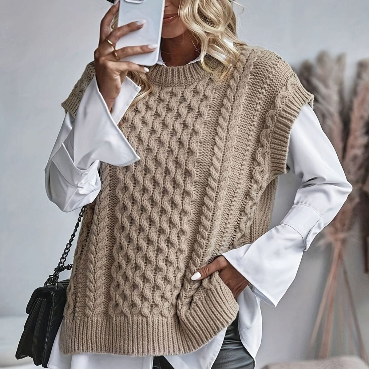 Women's Chunky Cable Knit Jumper Vest with Round Neck, view 3