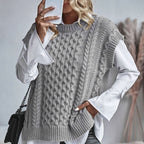 Women's Chunky Cable Knit Jumper Vest with Round Neck, Grey, view 4