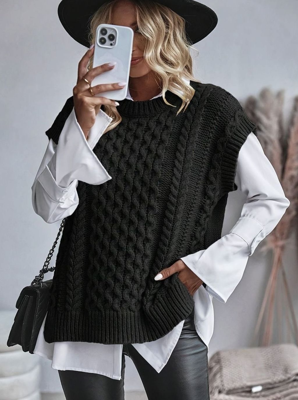 Women's Chunky Cable Knit Jumper Vest with Round Neck, Black, view 6