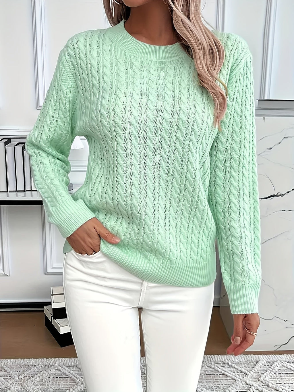 Women's Chunky Cable Knit Jumper with Crew Neck, Light Green, view 1