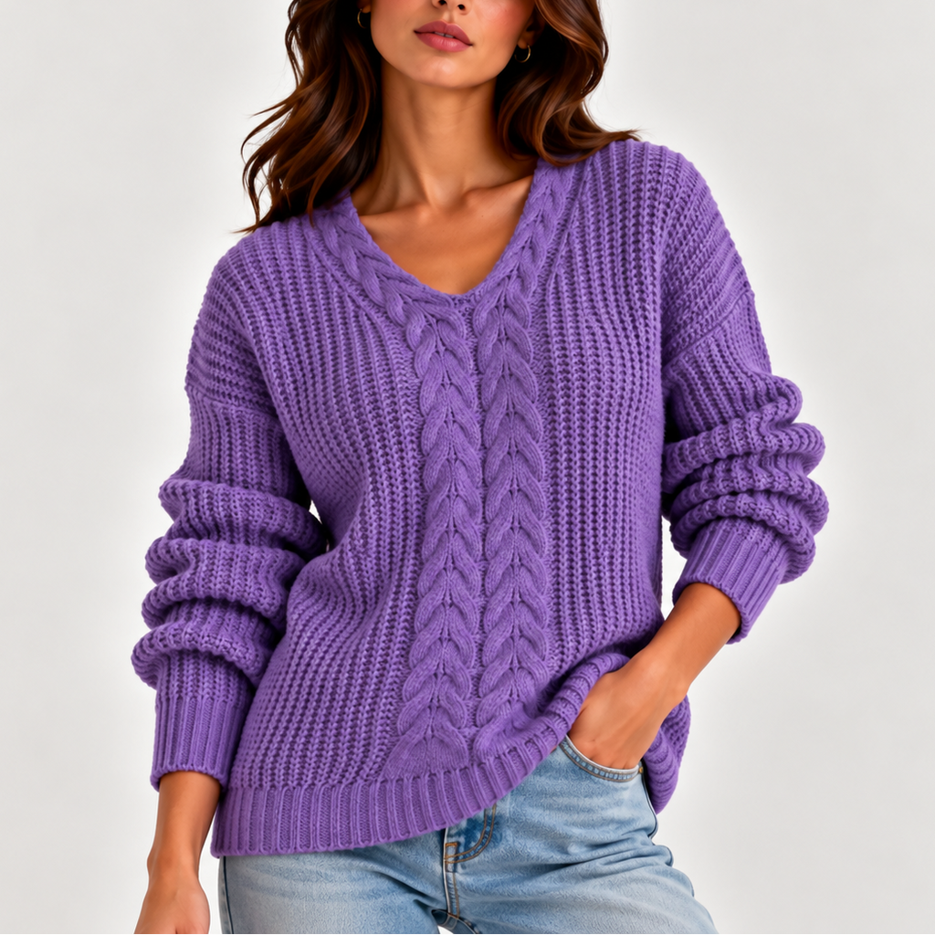 Women's Chunky Cable Knit Jumper with V-Neck, Purple, view 1