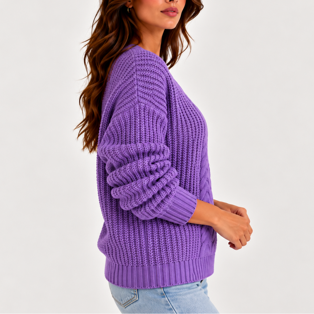Women's Chunky Cable Knit Jumper with V-Neck, view 2