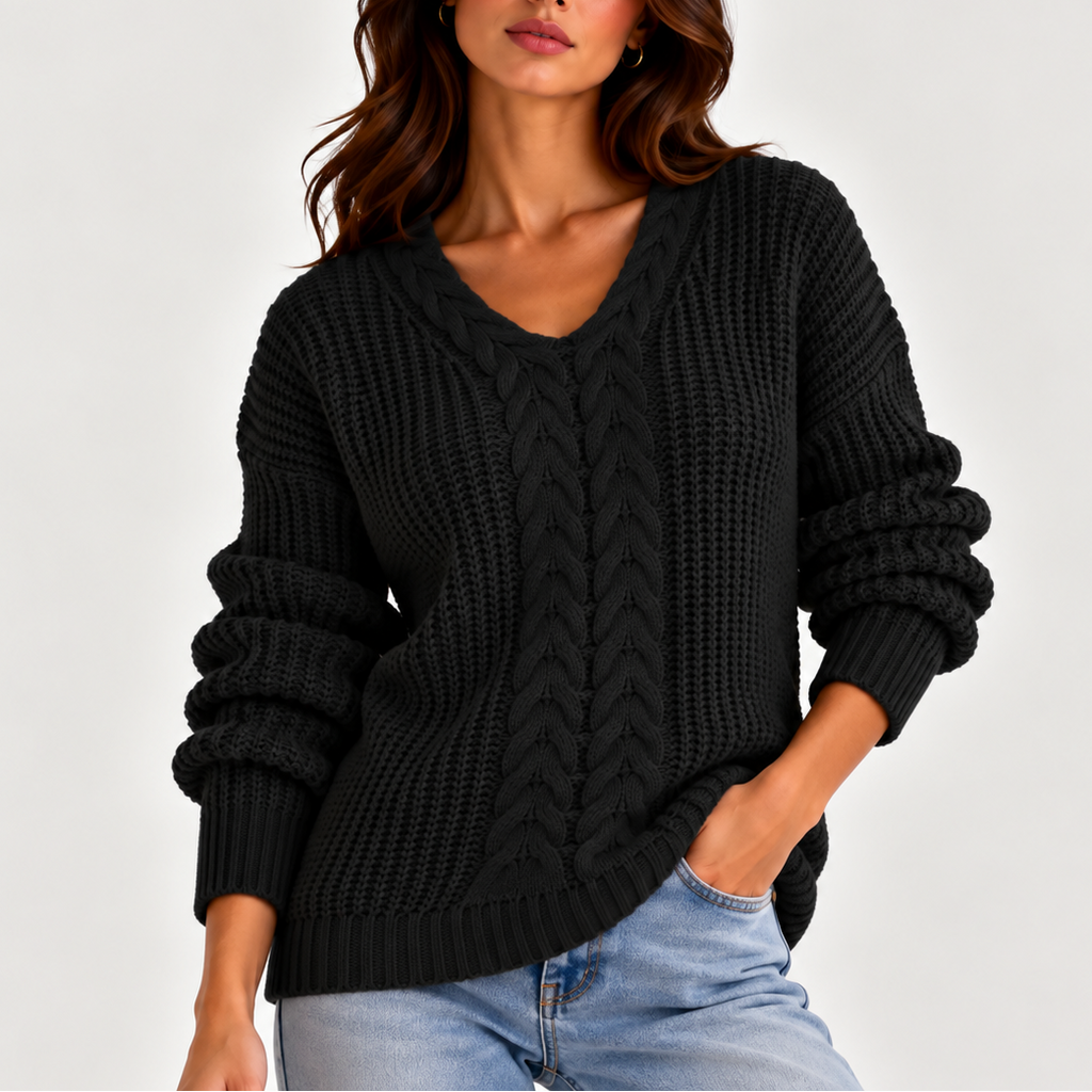 Women's Chunky Cable Knit Jumper with V-Neck, Black, view 3